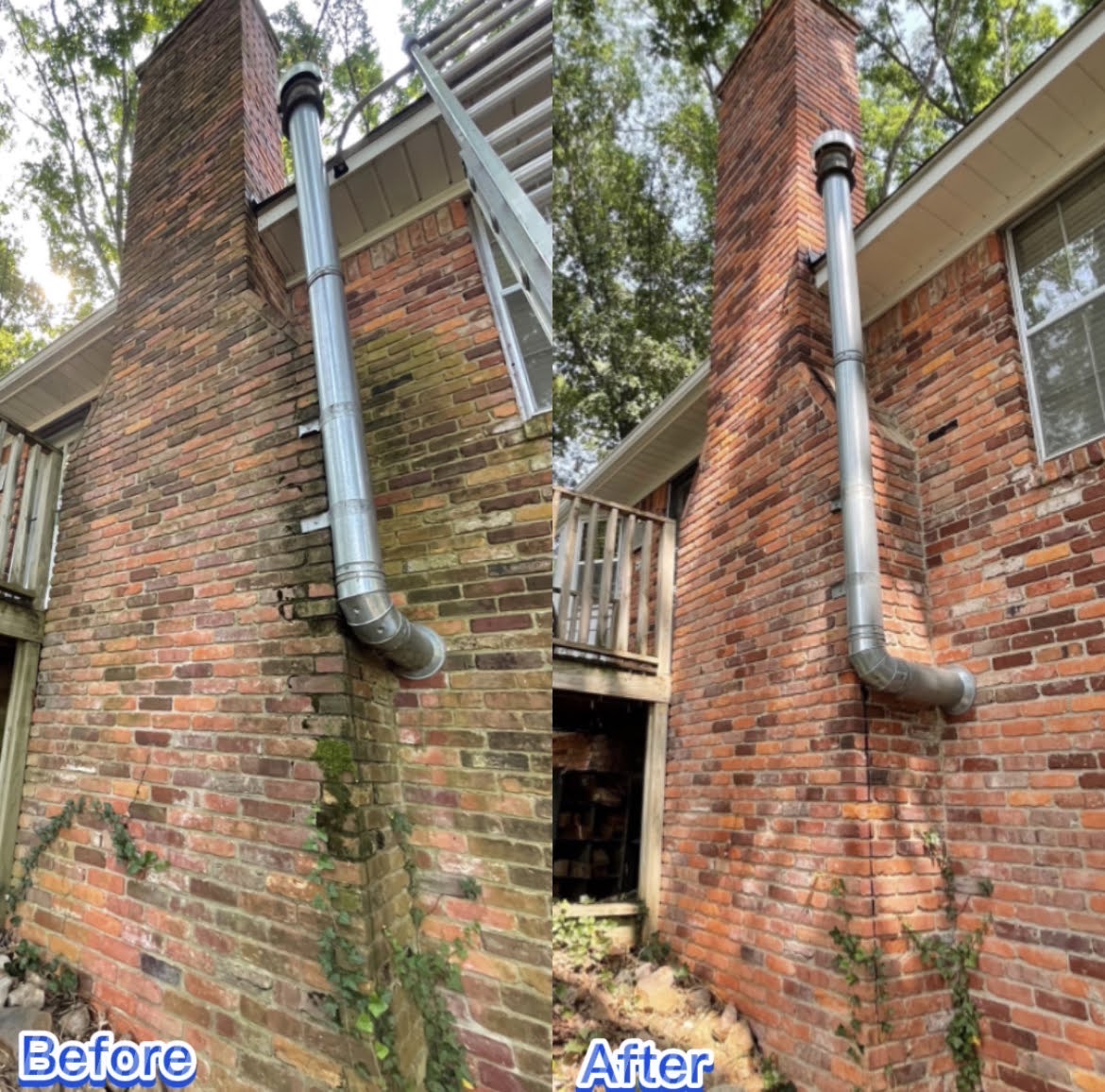 Before and after brick chimney cleaning in Little Rock, Arkansas
