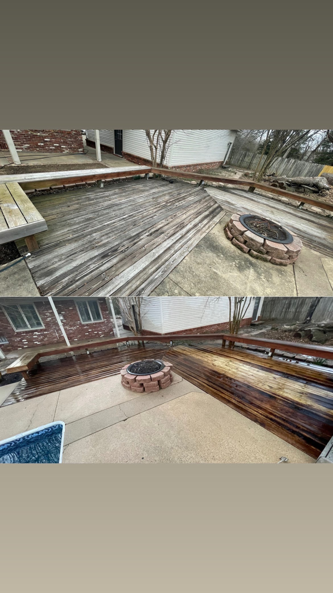 Before and after wood deck and fire pit patio cleaning in Cabot, Arkansas