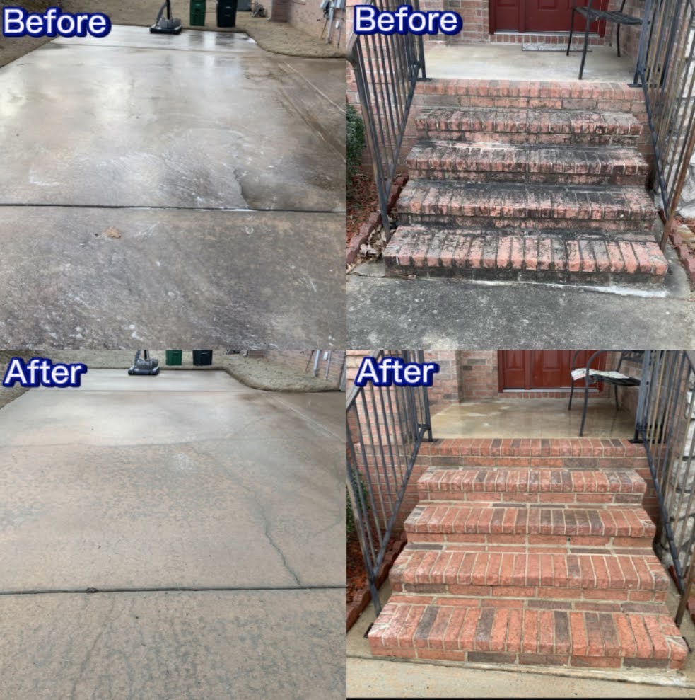 Before and after brick steps and concrete surface cleaning in Sherwood, Arkansas