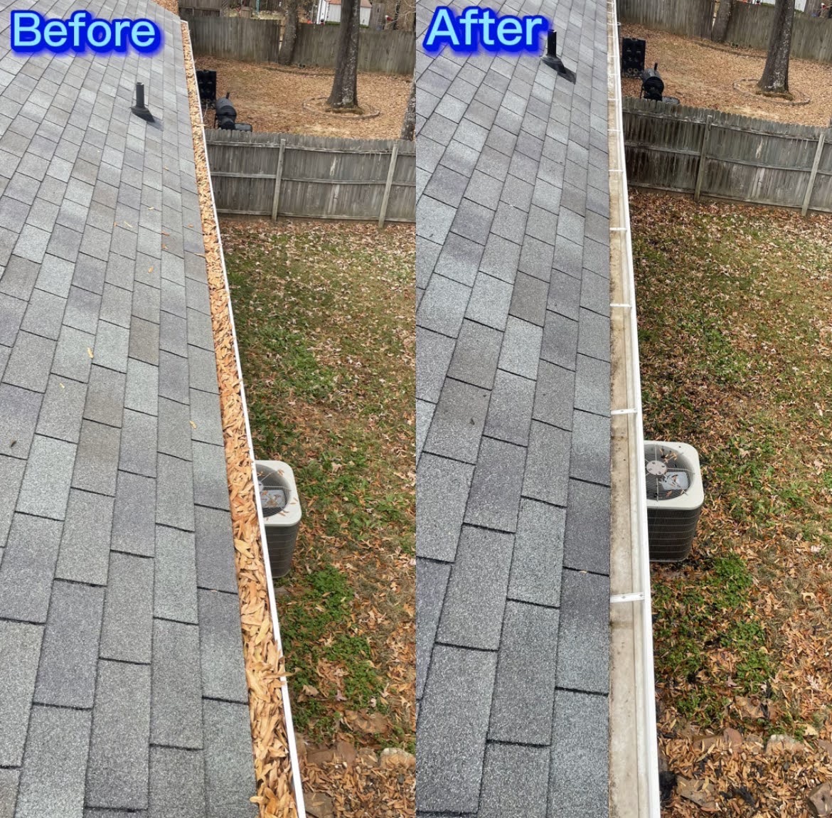 Before and after gutter cleaning on a home in Sherwood, Arkansas
