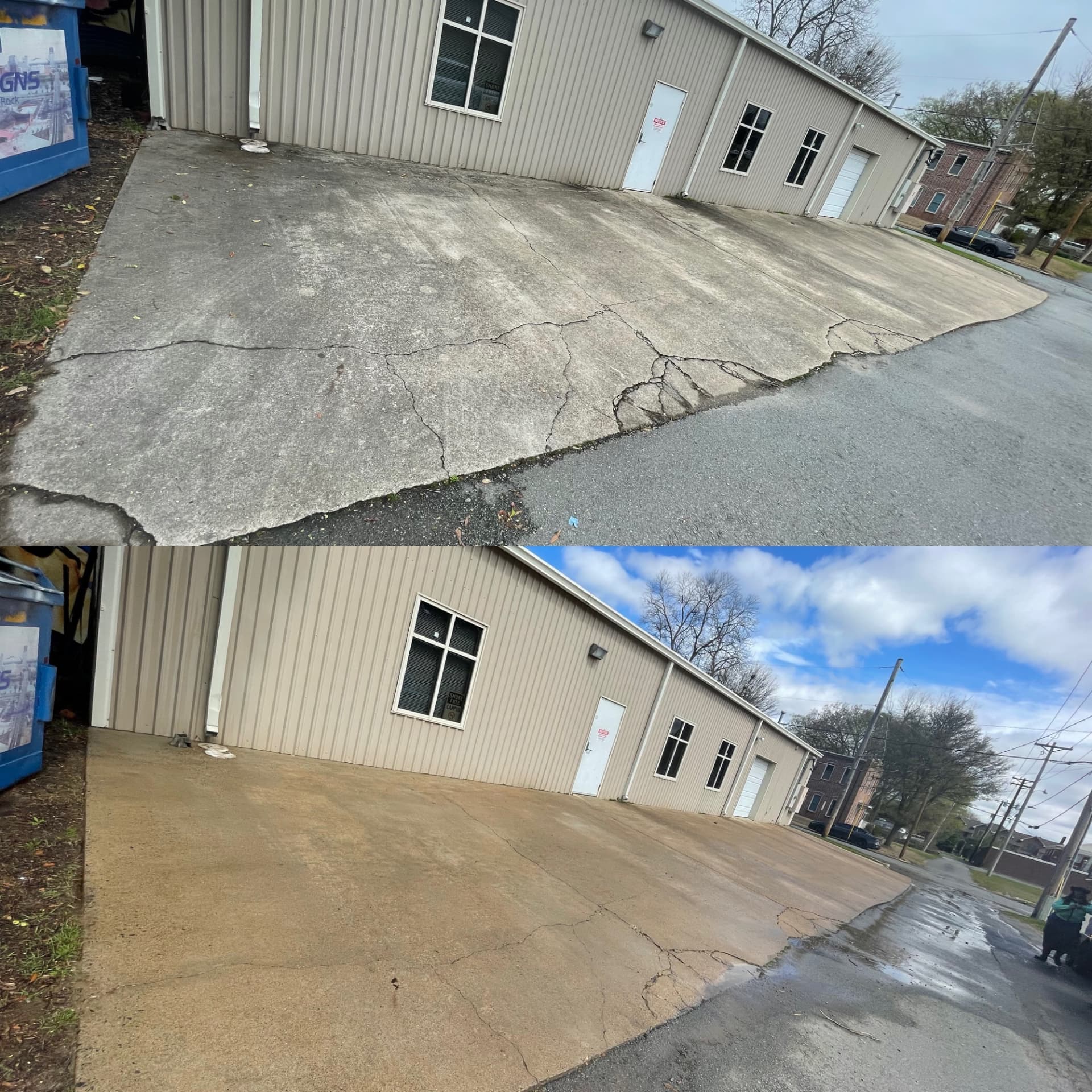 Before and after commercial concrete surface cleaning at FastSigns in Little Rock