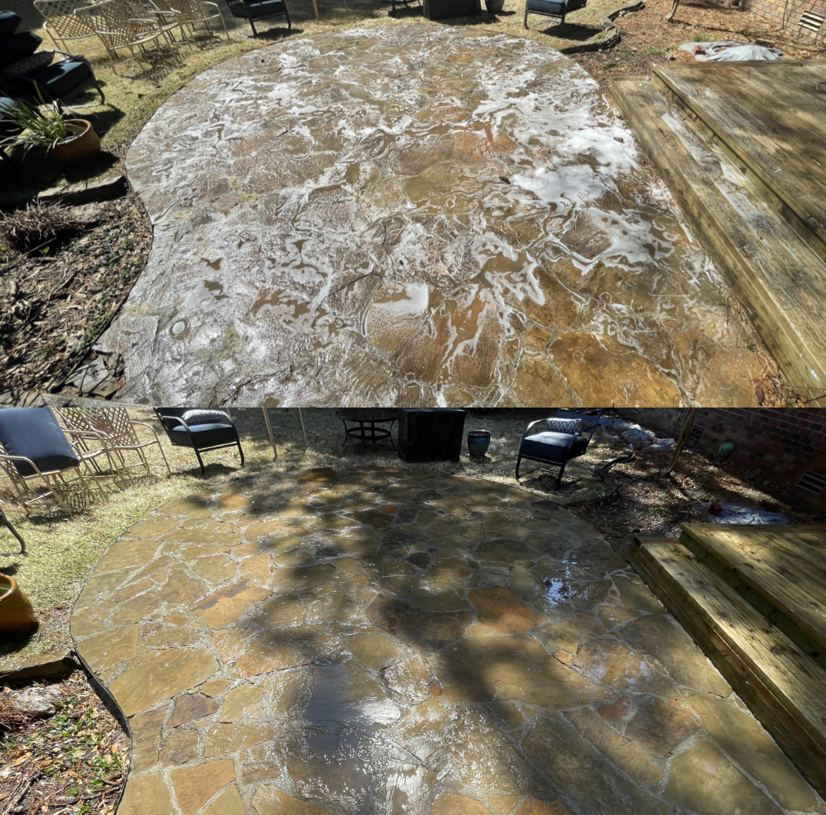 Before and after flagstone patio cleaning in Little Rock, Arkansas