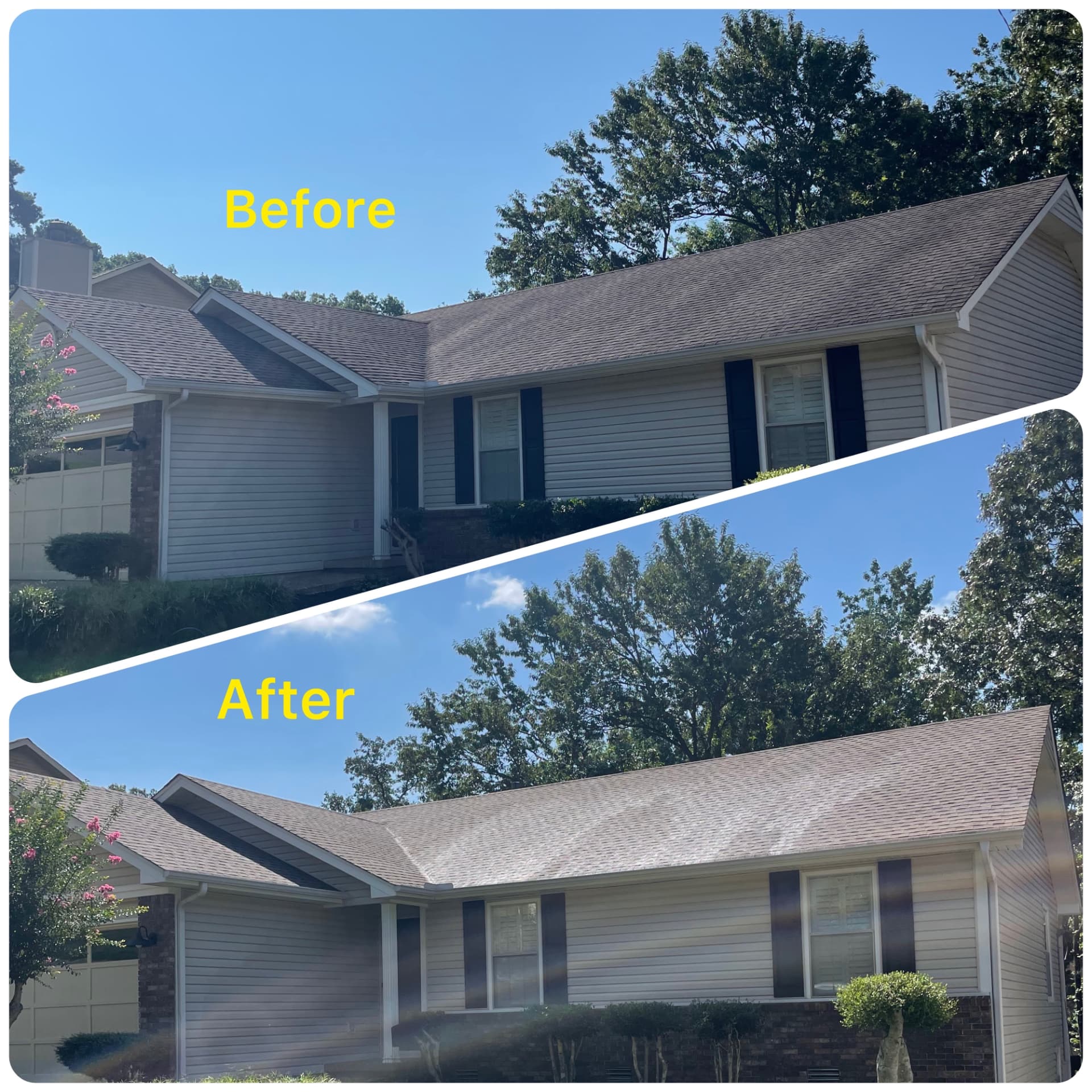 Before and after roof and house wash on a ranch home in Little Rock, Arkansas