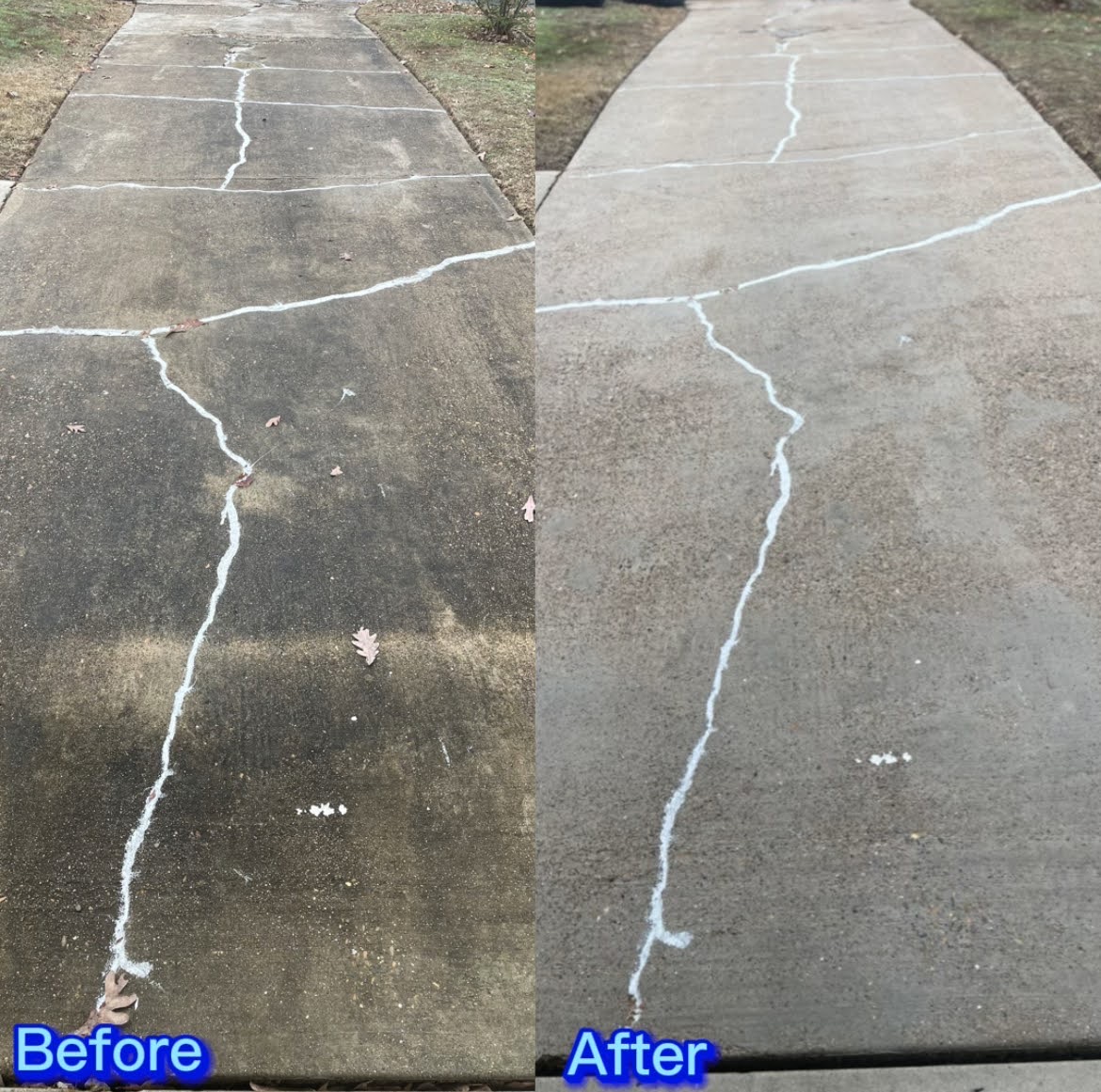 Before and after sidewalk pressure washing in Little Rock, Arkansas